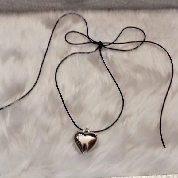 Silver Heart Pendant Black Necklace - Picture 2 of 16